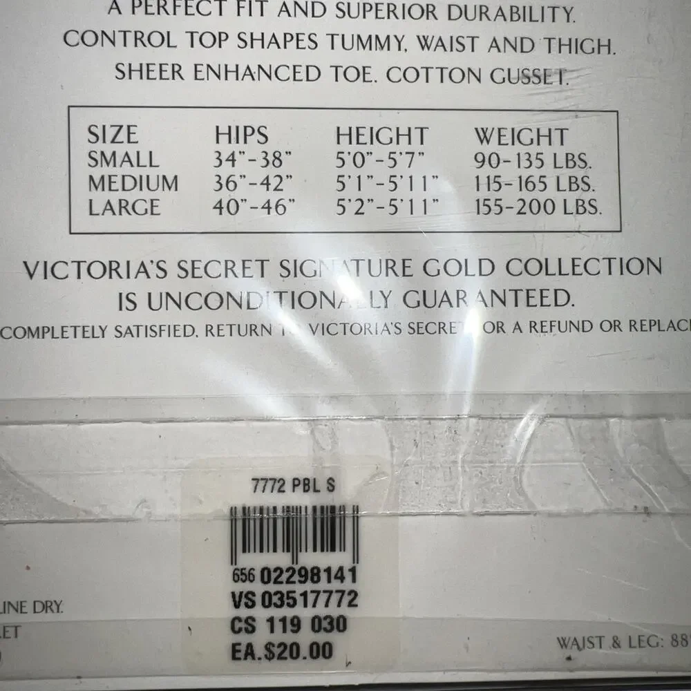 Vtg Victoria's Secret Signature Gold Glossy Smooth Control Top Hosiery Pebble S